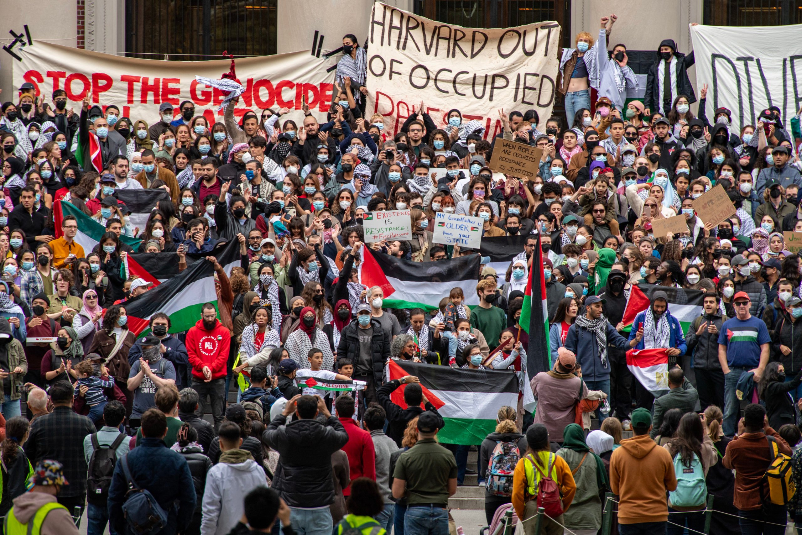 Supporters of Palestine gather at Harvard University to show their support for Palestinians in Gaza at a rally in Cambridge, Massachusetts, on October 14, 2023. Thousands of Palestinians sought refuge on October 14 after Israel warned them to evacuate the northern Gaza Strip before an expected ground offensive against Hamas, one week on from the deadliest attack in Israeli history. (Photo by JOSEPH PREZIOSO/AFP via Getty Images)