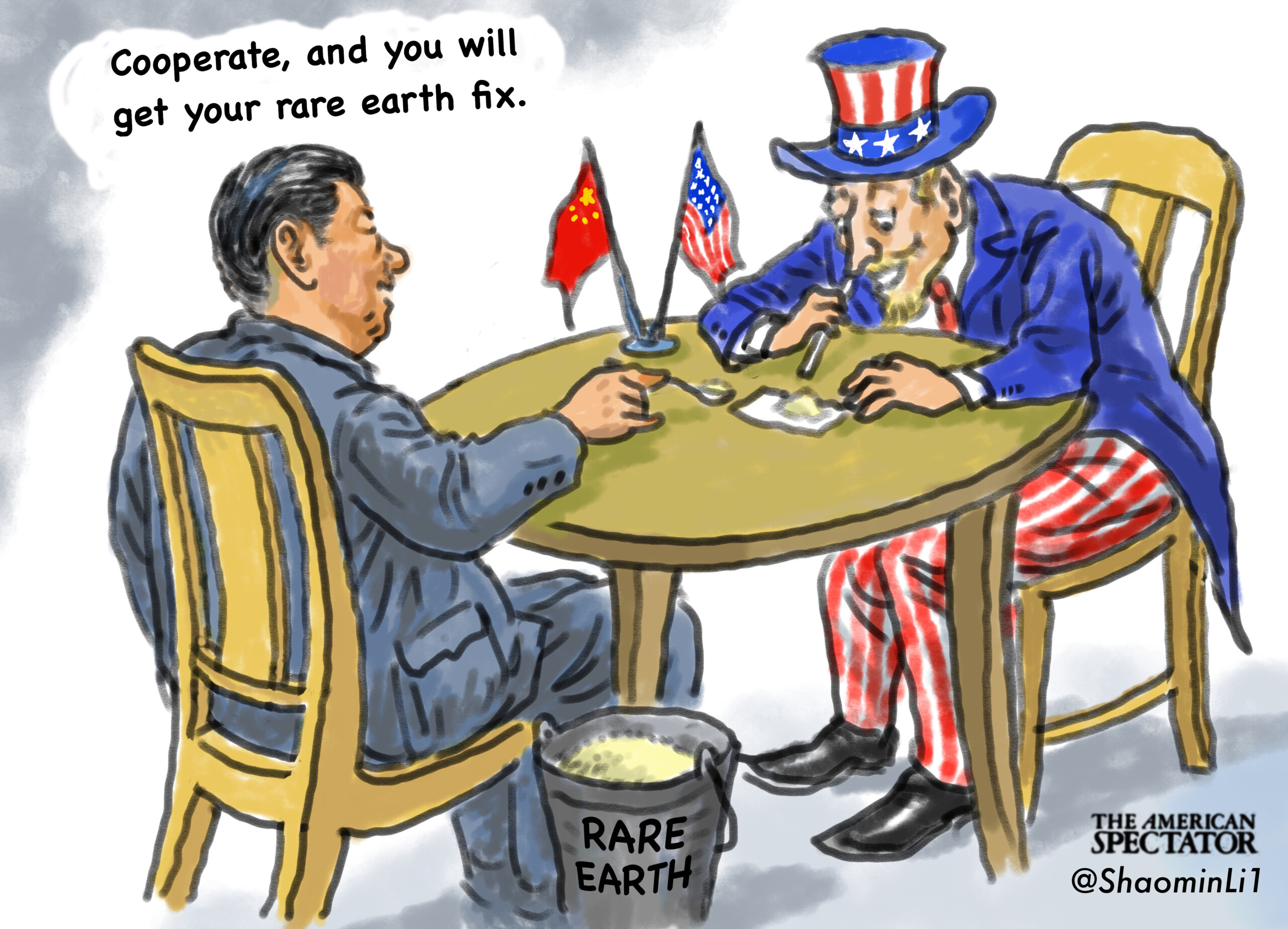 Rare Earths 1 “Rare Earths,” editorial cartoon by Shaomin Li for The American Spectator on June 14, 2025.