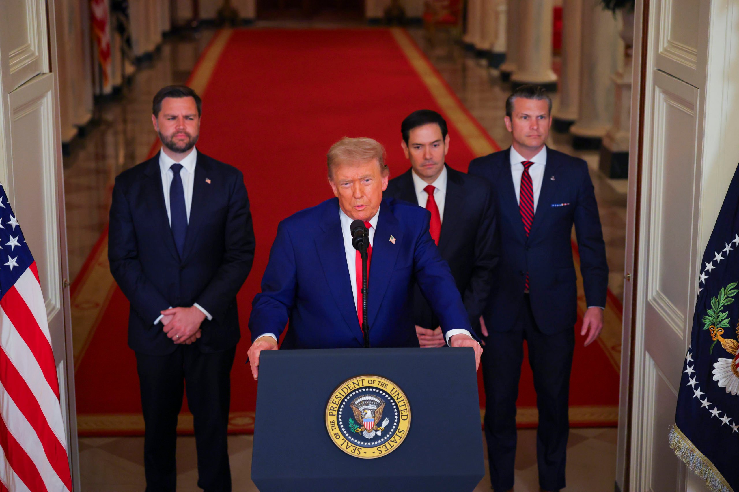WASHINGTON, DC - JUNE 21: U.S. President Donald Trump delivers an address to the nation from the White House on June 21, 2025 in Washington, D.C. President Trump addressed the three Iranian nuclear facilities that were struck by the U.S. military early Sunday. (Photo by Carlos Barria - Pool/Getty Images)