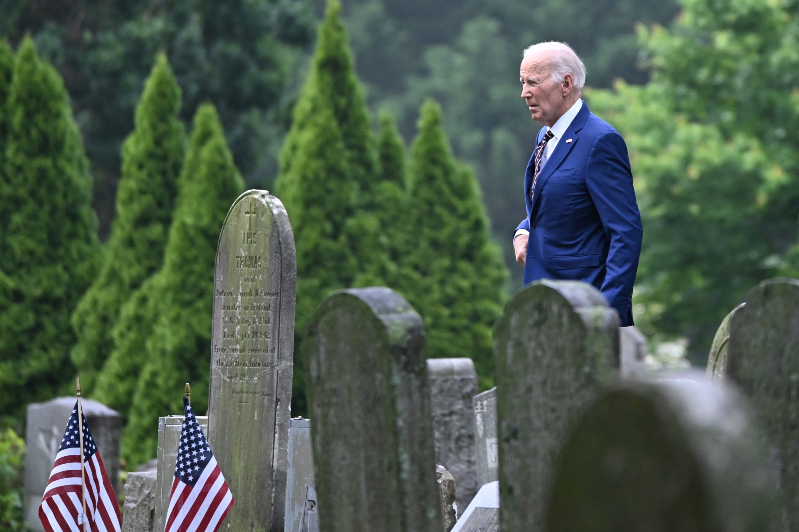 Former President Joe Biden arrives at Saint Joseph on the Brandywine Catholic Church for a memorial mass on the 10th anniversary of the death of the President's son Beau Biden in Wilmington, Delaware on May 30, 2025. (Photo by ALEX WROBLEWSKI/AFP via Getty Images)
