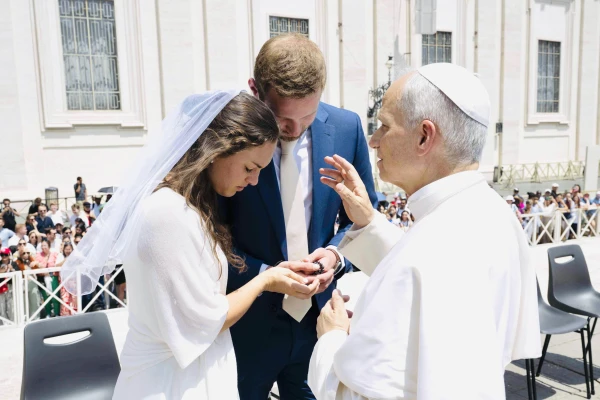 Anna and Cole Stevens are blessed by Pope Leo XIV at the general audience in Rome on Wednesday, June 11, 2025. Credit: Courtesy of Anna and Cole Stevens