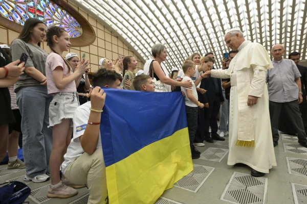 Pope Leo XIV meets with Ukrainian children who were welcomed by Caritas Italy during the summer on July 3, 2025, at the Vatican. Credit: Vatican Media