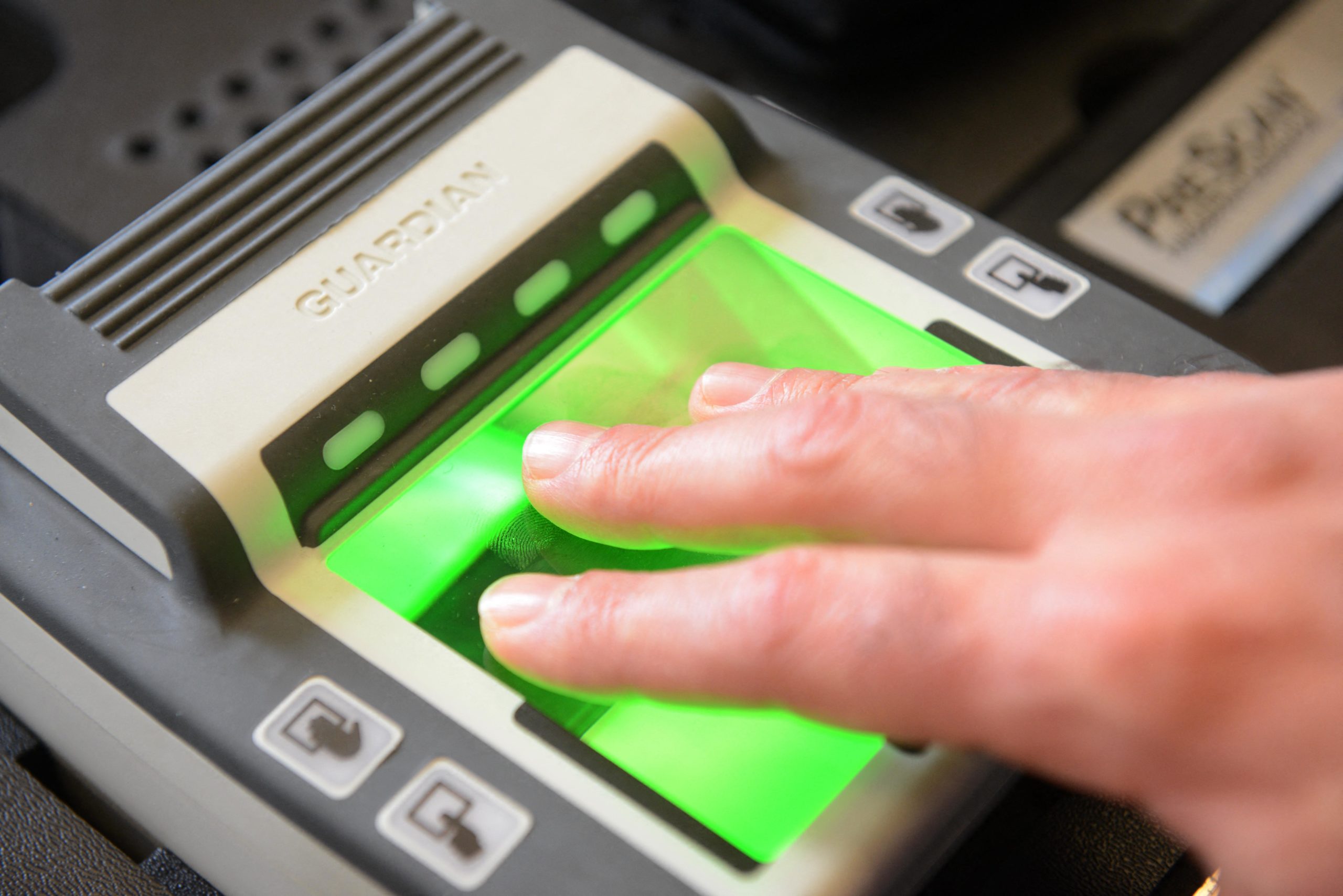 A photo taken on September 8, 2012 shows a fingerprint reader collecting biometric data for a mobile passport-making machine at the French embassy in Beijing. The Minister responsible for French nationals abroad in Beijing has launched a mobile device for collecting biometric data, to facilitate the process of applying for passports to those who live far from their consulate. ED JONES/AFP via Getty Images