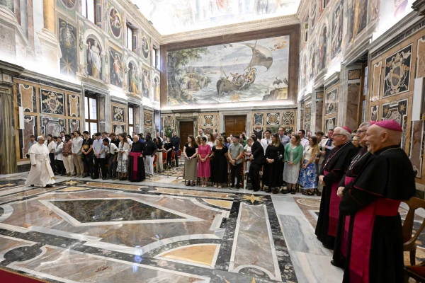 Pope Leo XIV appears before a group of teachers and young people from Denmark, England, Ireland, Scotland, and Wales at the Vatican on Saturday, July 5, 2025. Credit: Vatican Media