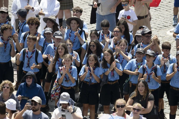 Children gather for the Sunday Angelus in St. Peter's Square in Rome on July 6, 2025, where Pope Leo XIV prayed for the victims — many of whom are children — and families affected by the recent flood disaster in Texas. Credit: Vatican Media