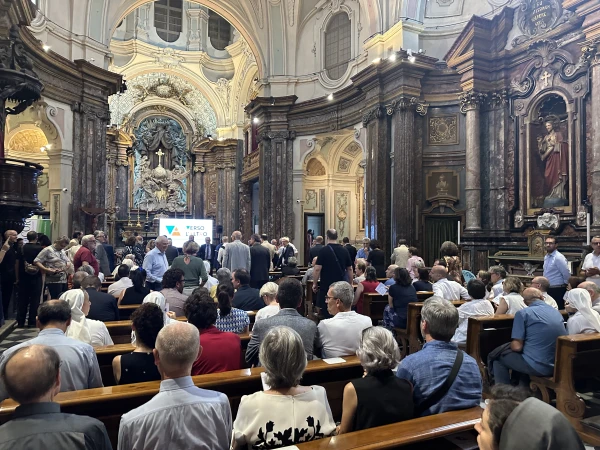 People gather inside of the Church of Santa Maria di Piazza in Turin, Italy, to listen to speeches by Cardinal Roberto Repole and others involved in putting together the new museum dedicated to Pier Giorgio Frassati in Turin on July 5, 2025. Credit: Courtney Mares/CNA
