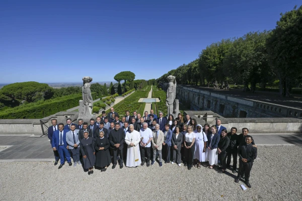 Pope Leo XIV poses with visitors at Castel Gandolfo on Wednesday, July 9, 2025. Credit: Vatican Media