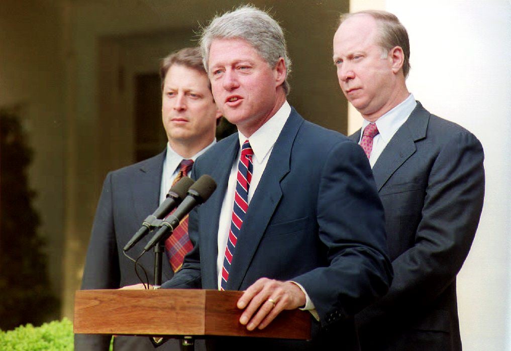 WASHINGTON, DC - MAY 29: U.S. President Bill Clinton (C) speaks to reporters 29 May 1993 in the Rose Garden of the White House announcing the appointment of David Gergen (R) to oversee the White House communications operation. Gergen will replace George Stephanopoulos who will move to a senior policy role. At left is Vice President Al Gore. 