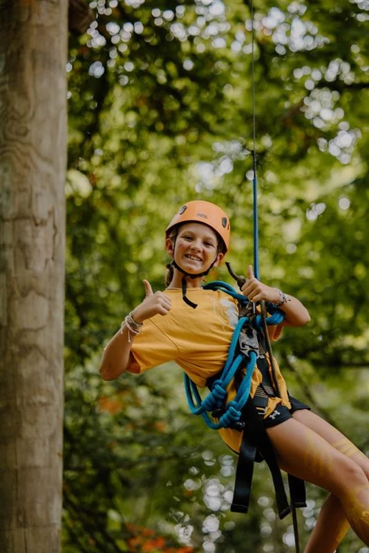 A middle school camper descends from the high ropes course in 2024 at Damascus' main campus, Centerburg, Ohio. Credit: Photo courtesy of Damascus Media Staff