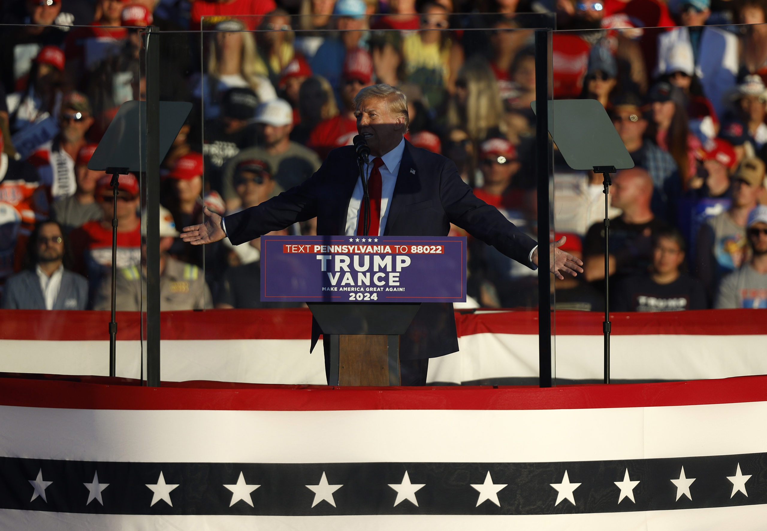 Republican presidential nominee, former U.S. President Donald Trump, speaks during a campaign rally at the Butler Farm Show fairgrounds on October 05, 2024 in Butler, Pennsylvania. This is the first time that Trump has returned to Butler since he was injured during an attempted assassination on July 13 on October 05, 2024 in Butler, Pennsylvania. (Photo by Kevin Dietsch/Getty