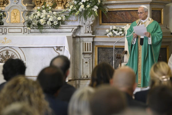 Before the Angelus on July 13, 2025, Pope Leo XIV celebrated a Mass for local Catholics, religious leaders, and civil authorities at the 17th-century Pontifical Parish of Saint Thomas of Villanova in Castel Gandolfo’s main square. Credit: Vatican Media