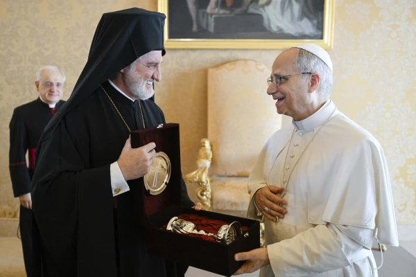 Pope Leo specially thanked Greek Orthodox Archbishop of America Elpidophoros for leading the ecumenical group alongside Cardinal Joseph Tobin, saying such “signs of sharing and fellowship” among Catholics and Orthodox should not be taken for granted. July 17, 2025. Credit: Vatican Media