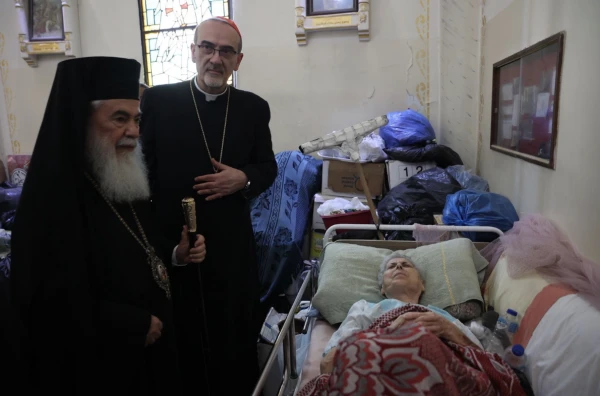 Cardinal Pierbattista Pizzaballa and Greek Orthodox Patriarch Theophilos III visit Gaza on Friday, July 18, 2025, where they offer comfort to those wounded by the July 17 attack. Credit: Caritas Jerusalem