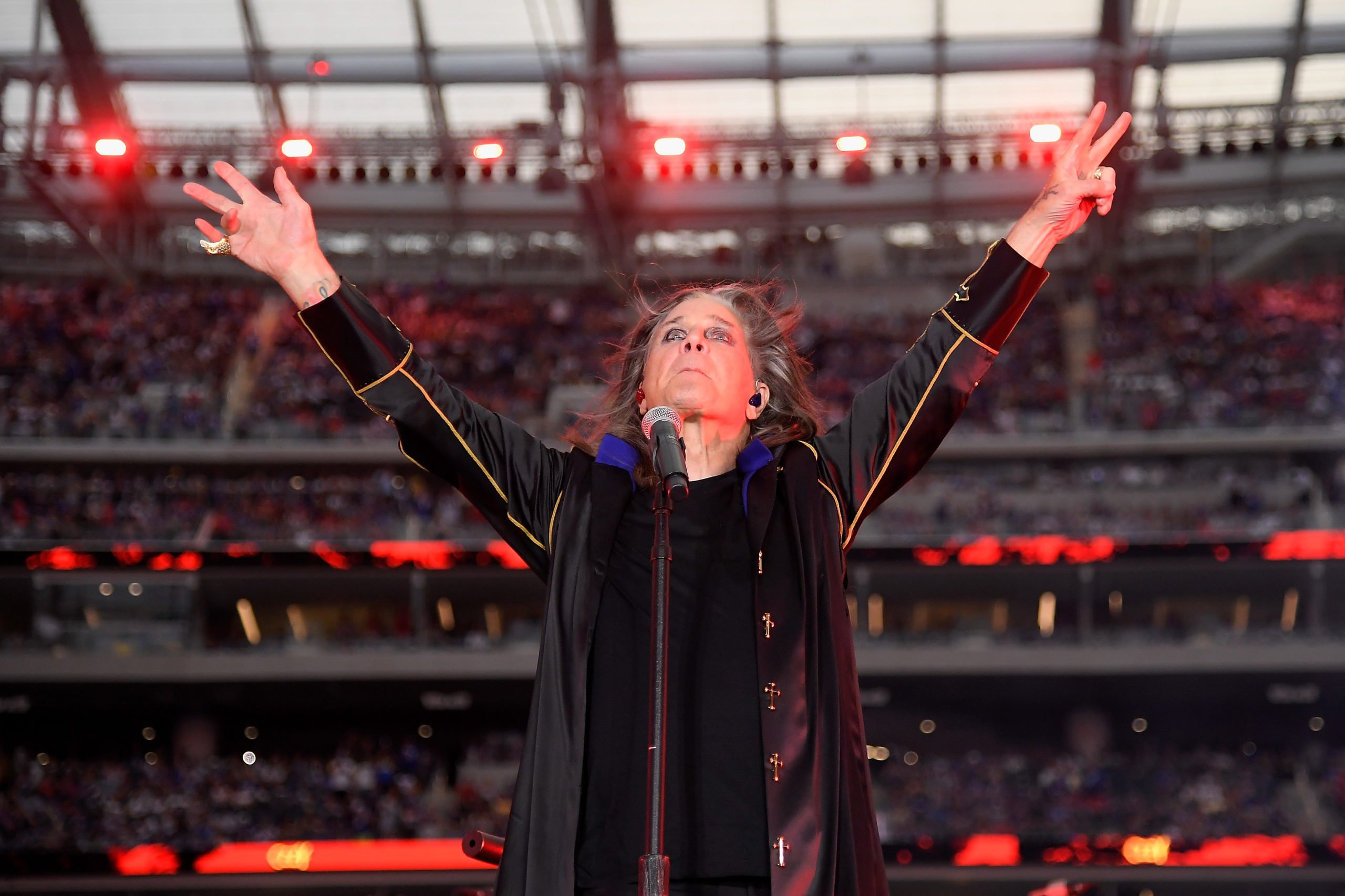 INGLEWOOD, CALIFORNIA - SEPTEMBER 08: Musician Ozzy Osbourne performs during half-time of the NFL game between the Los Angeles Rams and the Buffalo Bills at SoFi Stadium on September 08, 2022 in Inglewood, California. (Photo by Kevork Djansezian/Getty Images)