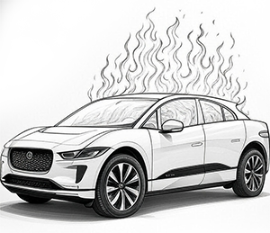 Car with flames above, artistic illustration.