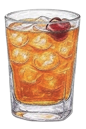 Iced cocktail with cherries in a glass.