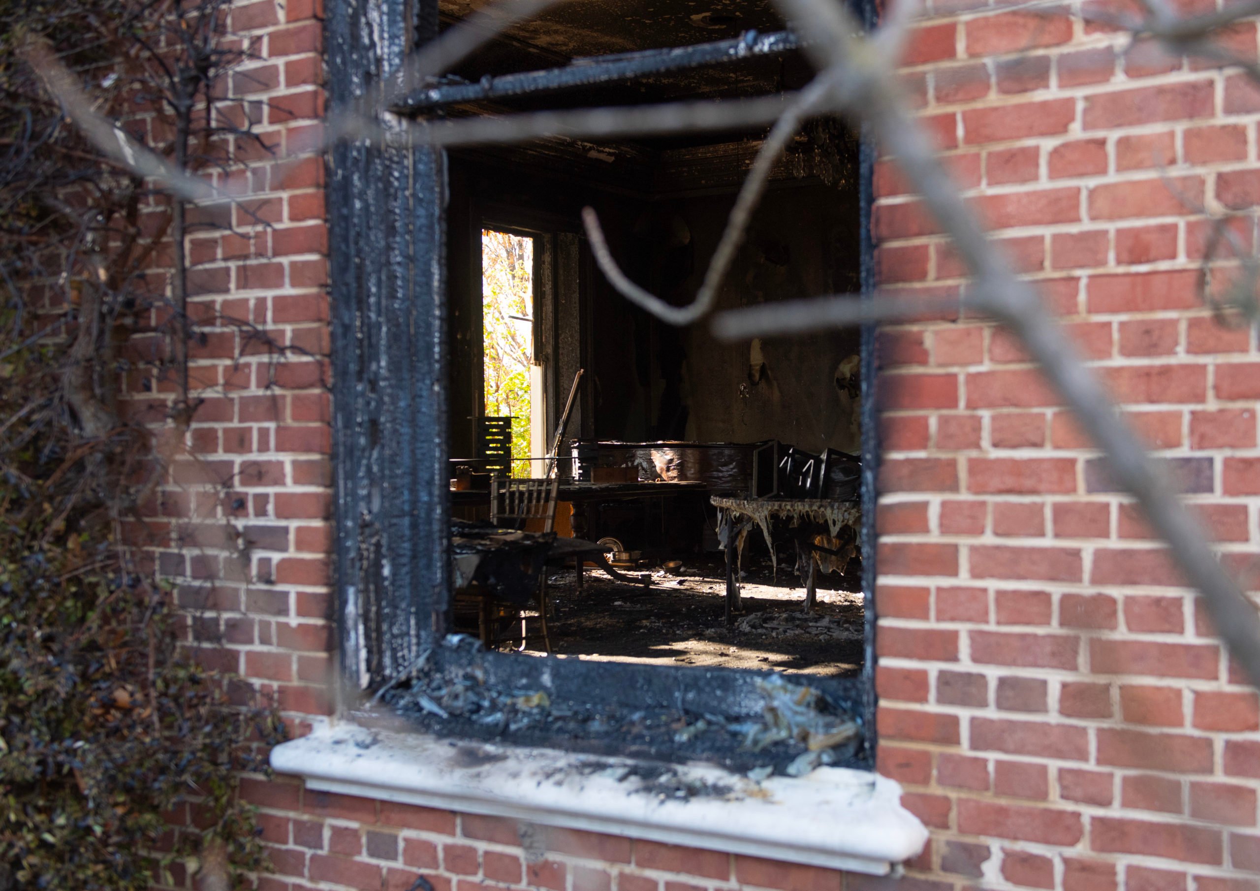 Extensive fire damage to the Pennsylvania Governor's Mansion and Gov. Josh Shapiro's residence is seen during a press conference on April 13, 2025 in Harrisburg, Pennsylvania. (Photo by Matthew Hatcher/Getty Images)