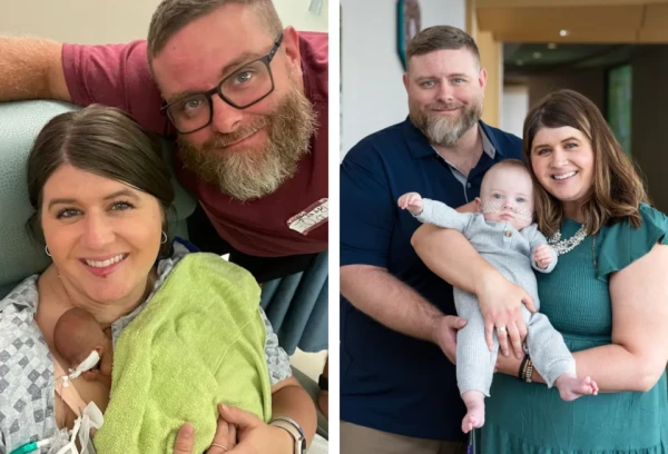 On the left, Molly and Randall Keen hold their baby at 26 days old for the first time; on the right they are pictured with 1-year-old Nash. Credit: Photo courtesy of University of Iowa Health Care