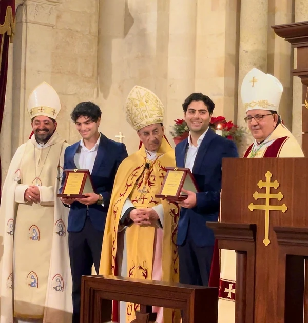 Charbel and Giovanni Lteif receive an award in recognition of their work as digital missionaries from Cardinal Bechara Boutros Al-Rahi, Maronite patriarch of Antioch and All the East and head of the Assembly of Catholic Patriarchs and Bishops of Lebanon (APECL), and the Episcopal Commission for Justice and Peace under APECL. Also present were Maronite Archbishop of Antelias Diocese Antoine Bou Najem and Syriac Catholic Bishop of the Patriarchate of Antioch Jules Boutros. The presentation took place on World Day of Peace during the Holy Jubilee Year 2025. Credit: Photo courtesy of Charbel and Giovanni Lteif