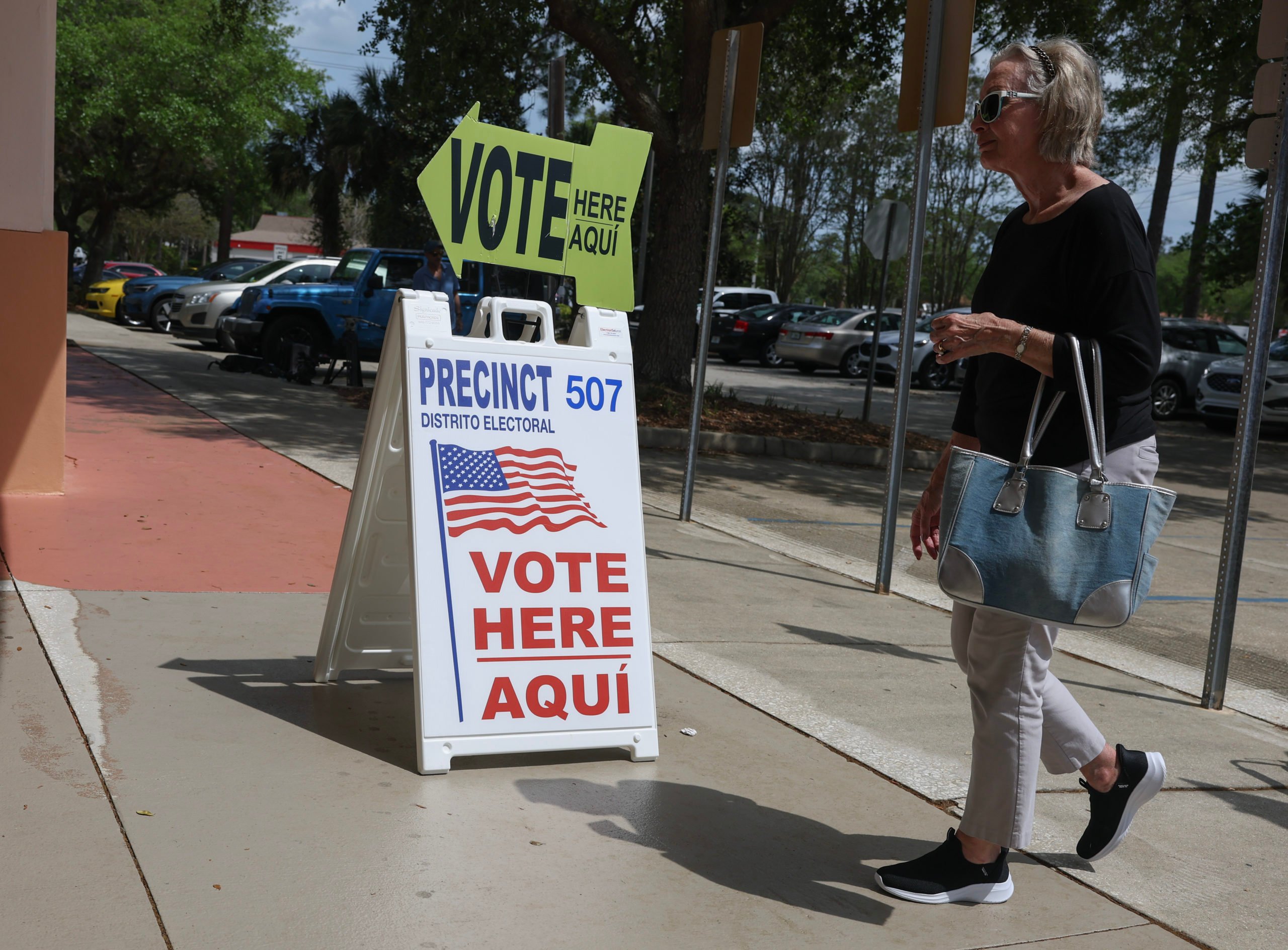 A sign directs voters to cast their ballots at a polling station set up at the Flagler County Public Library on April 1, 2025, in Palm Coast, Florida. Voters cast their ballots today in a race that shows Democratic nominee Josh Weil is within the margin of error in his race against Republican Randy Fine to flip National Security Advisor Mike Waltz's former seat in the U.S. House of Representatives. (Photo by Joe Raedle/Getty Images)
