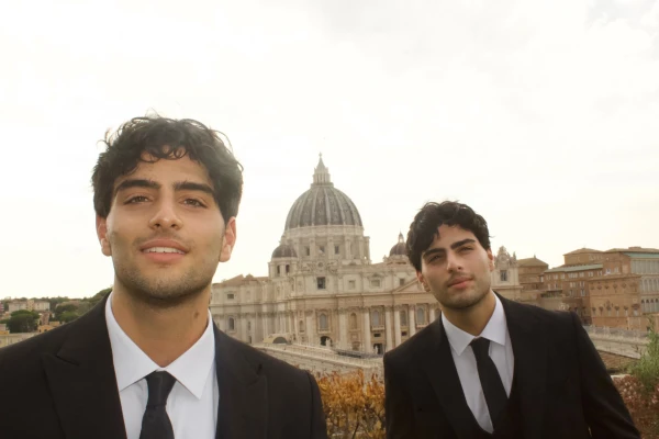 Giovanni and Charbel Lteif in St. Peter’s Square, Rome. The twin brothers, Maronite Catholics, manage some of the most prominent Christian social media accounts in the Middle East and North Africa. Credit: Romy Haber