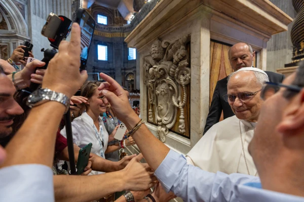 Pope Leo XIV greets participants after the Mass for the Jubilee of Digital Missionaries and Catholic Influencers on July 29, 2025, in St. Peter’s Basilica at the Vatican. Credit: Daniel Ibañez/CNA