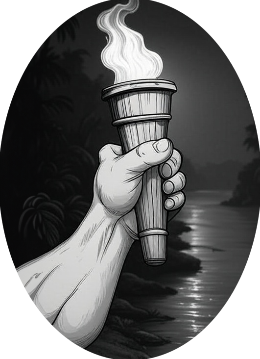 Hand holding torch by river at night