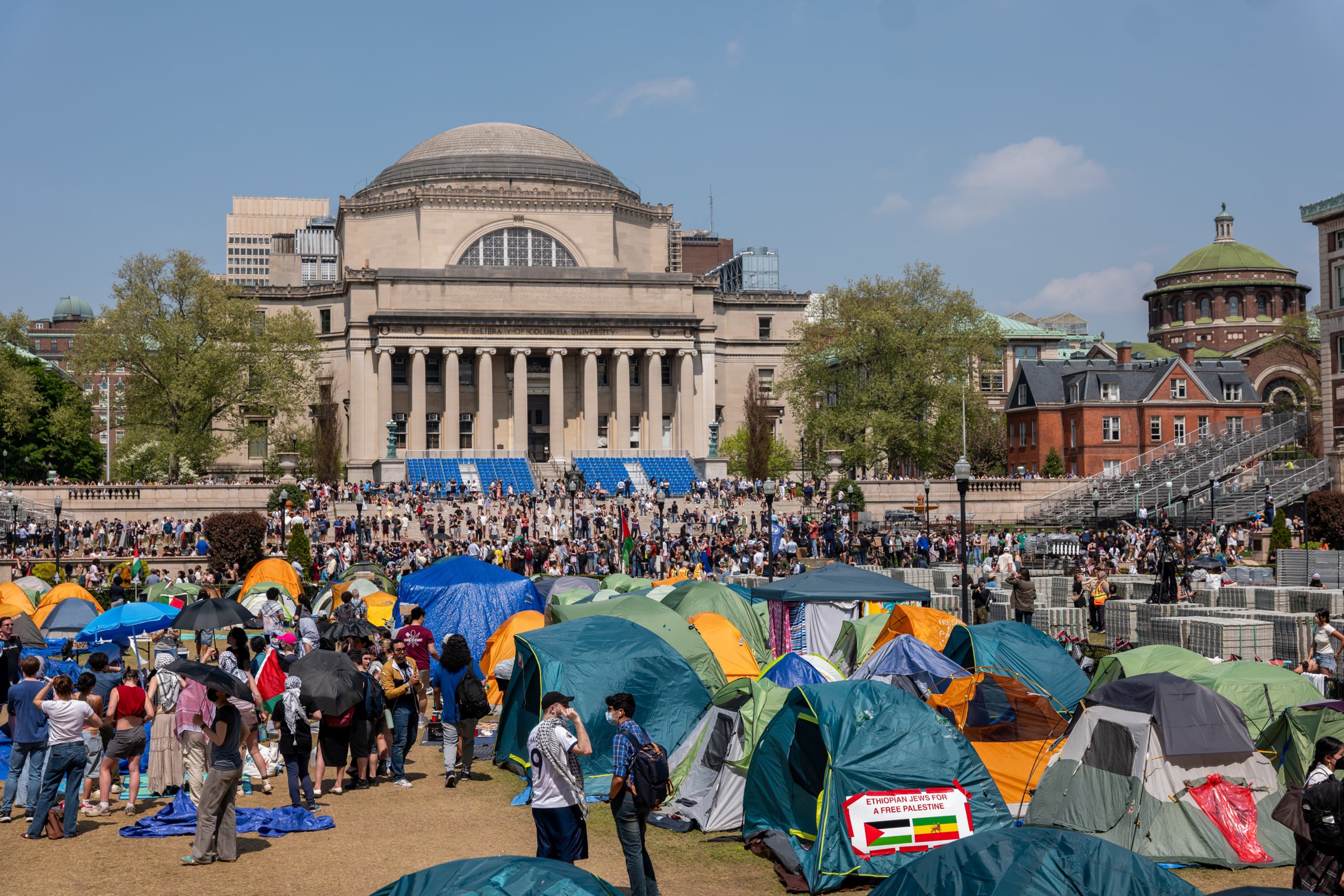 NEW YORK, NEW YORK - APRIL 29: Pro-Palestinian supporters continue to demonstrate with a protest encampment on the campus of Columbia University on April 29, 2024 in New York City. Columbia University issued a notice to the protesters asking them to disband their encampment after negotiations failed to come to a resolution. (Photo by Spencer Platt/Getty Images)