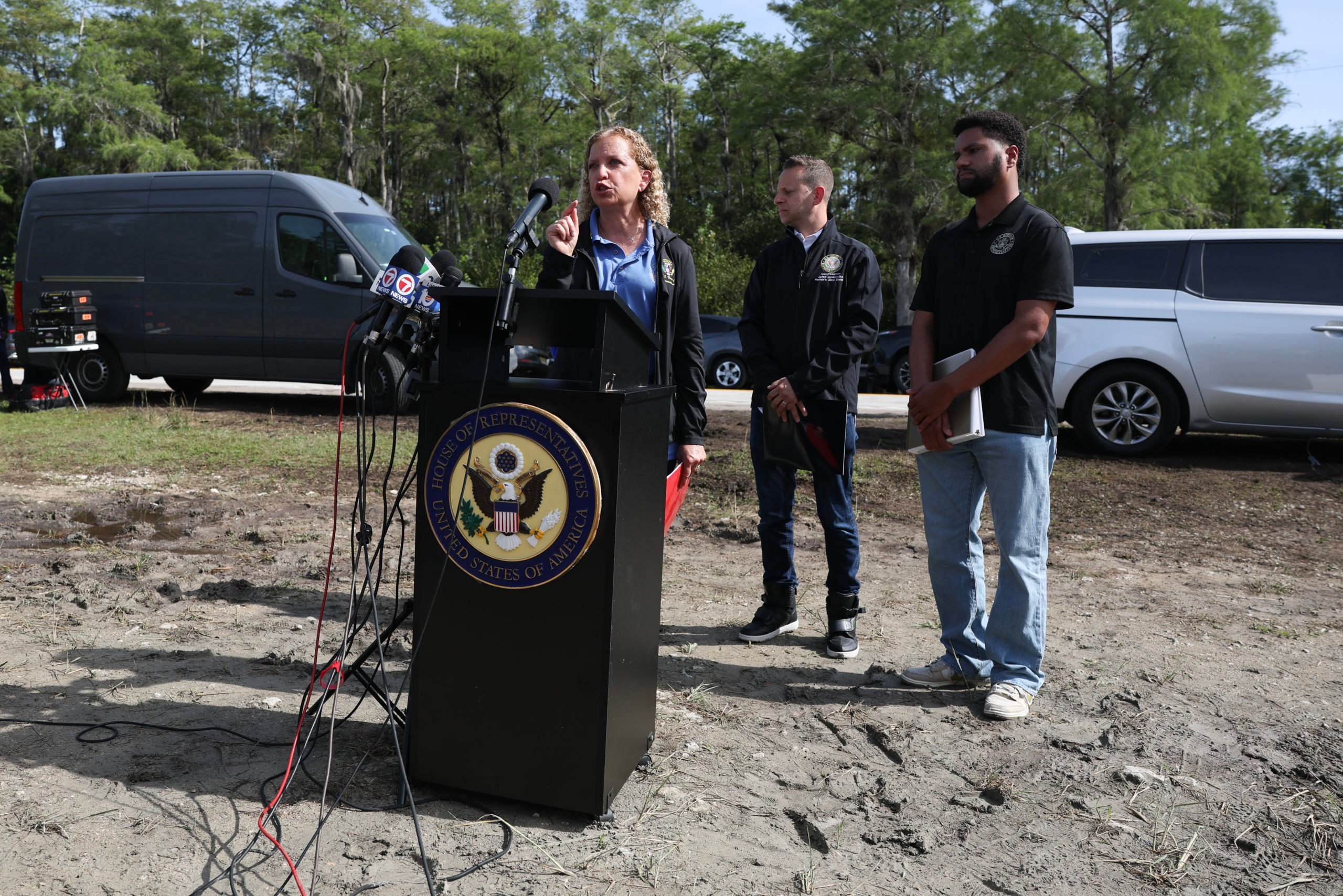Rep. Debbie Wasserman Schultz (D-FL), Rep. Jared Moskowitz (D-FL), and Rep. Maxwell Frost (D-FL) speak to the media before visiting 