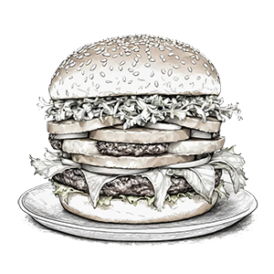 Illustrated triple burger with lettuce and sesame bun.
