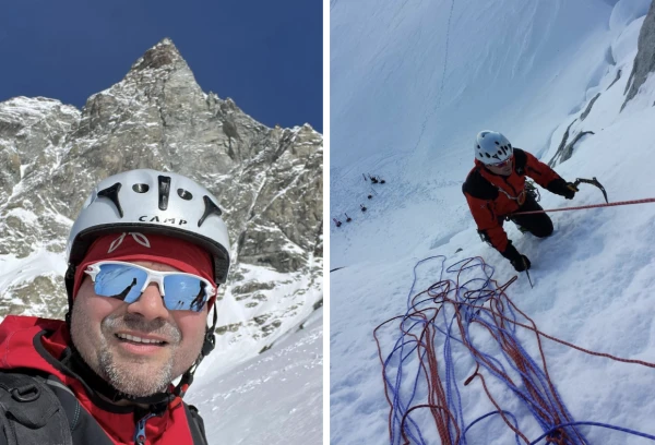 Alpine climber Edoardo Ricci pictured in Breuil Cervinia in front of the Matterhorn (left) and climbing the Tour Ronde in the Mont Blanc massif (right). Courtesy of Edoardo Ricci