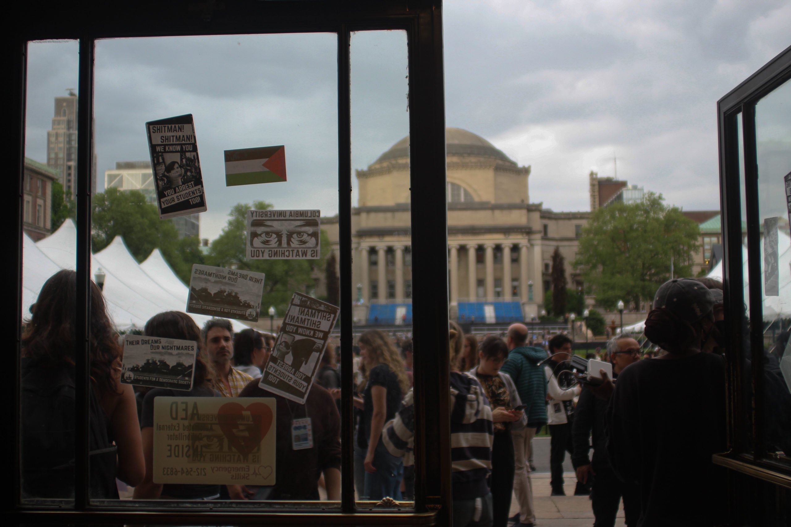 NEW YORK, NEW YORK - MAY 7: Protesters have put stickers on the doors of Butler Library at Columbia University on May 7, 2025 in New York City. Pro-Palestinian protesters held a demonstration inside the Butler Library on Columbia University’s campus, disrupting finals week. (Photo by Indy Scholtens/Getty Images)