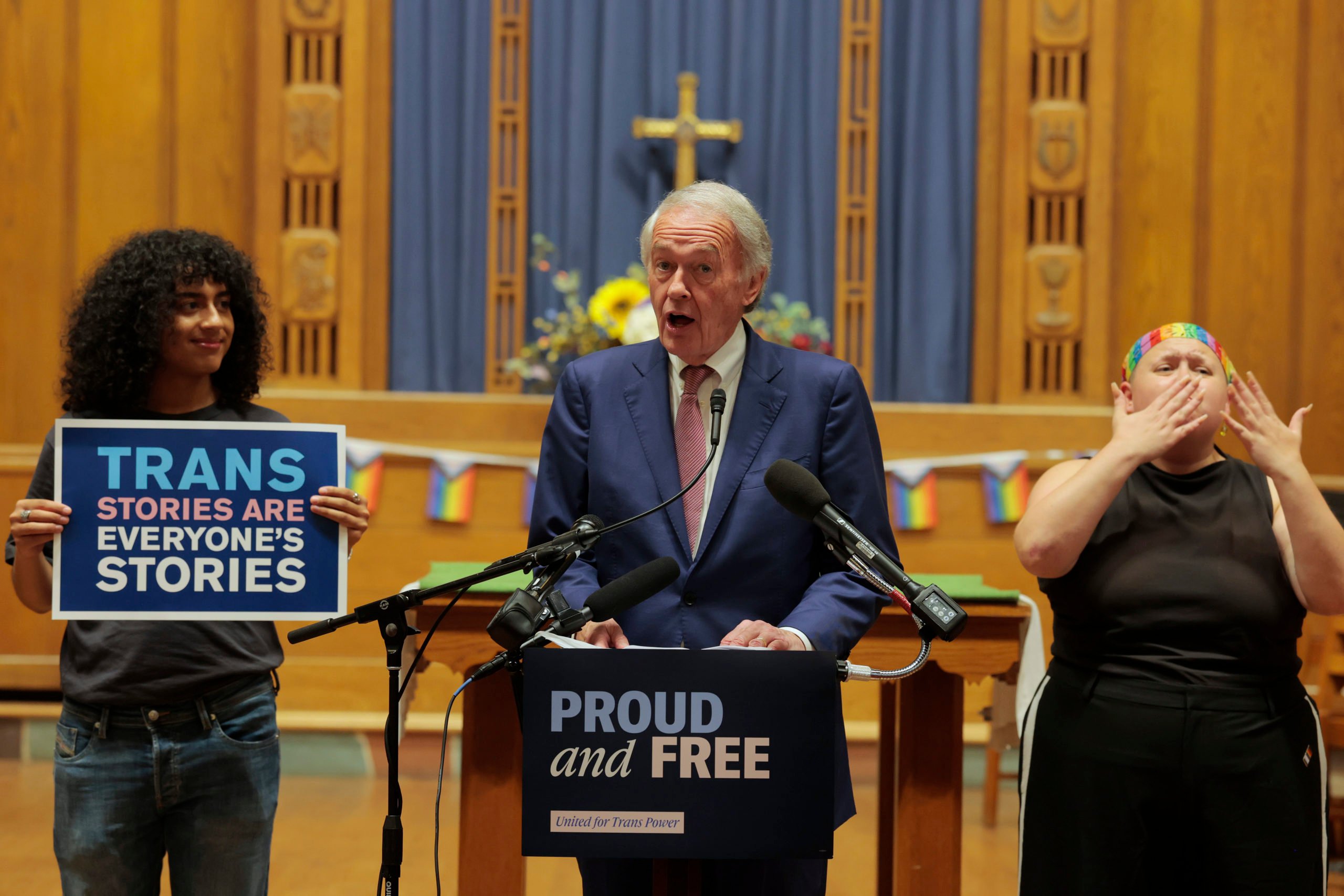 U.S., Sen. Ed Markey (D-MA) speaks at a rally for transgender youth at the Lutheran Church of Reformation on June 18, 2025. (Photo by Anna Moneymaker/Getty Images)