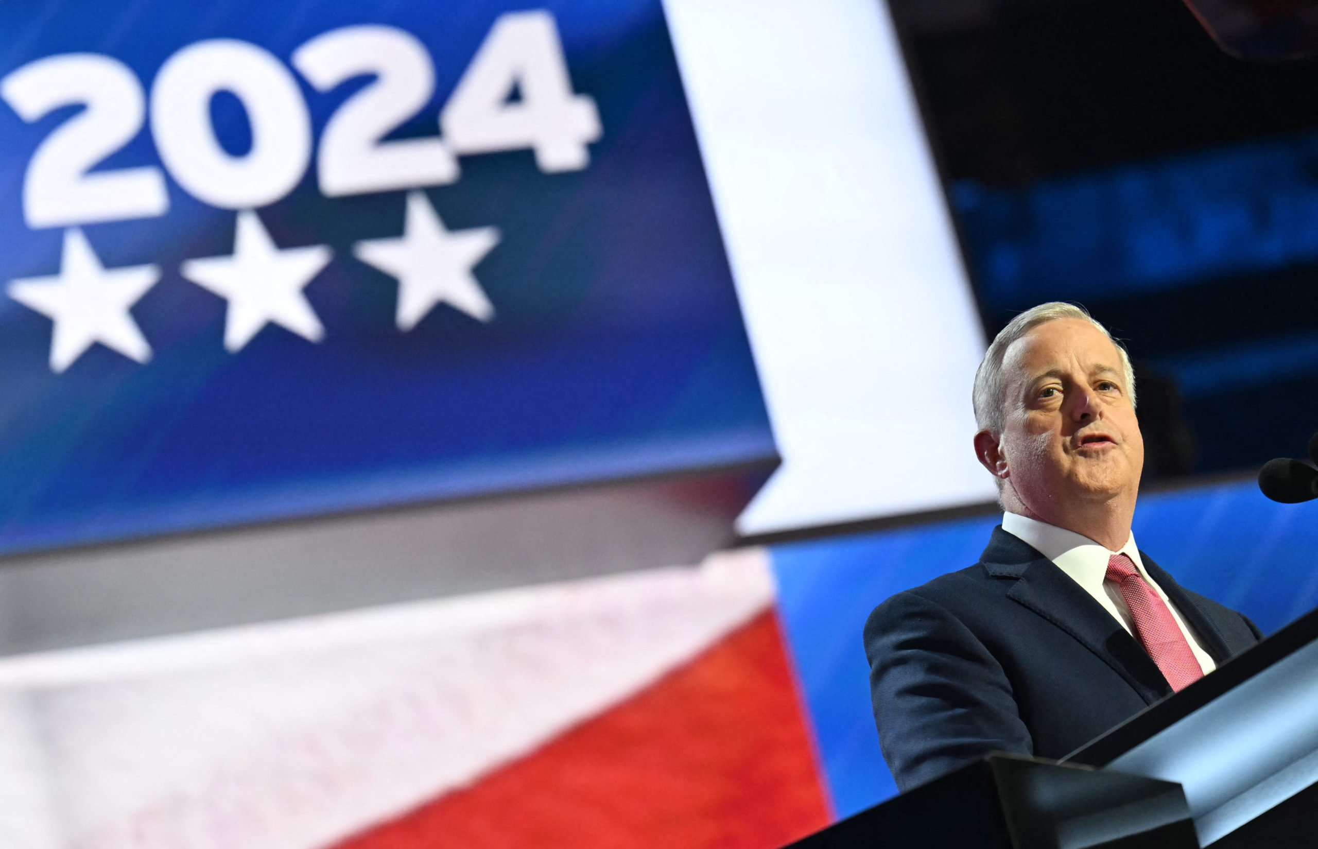 Republican National Committee Chairman Michael Whatley speaks during the second day of the 2024 Republican National Convention at the Fiserv Forum in Milwaukee, Wisconsin, July 16, 2024. Days after he survived an assassination attempt Donald Trump won formal nomination as the Republican presidential candidate and picked right-wing loyalist J.D. Vance for running mate, kicking off a triumphalist party convention in the wake of last weekend's failed assassination attempt. (Photo by ANGELA WEISS / AFP) (Photo by ANGELA WEISS/AFP via Getty Images)