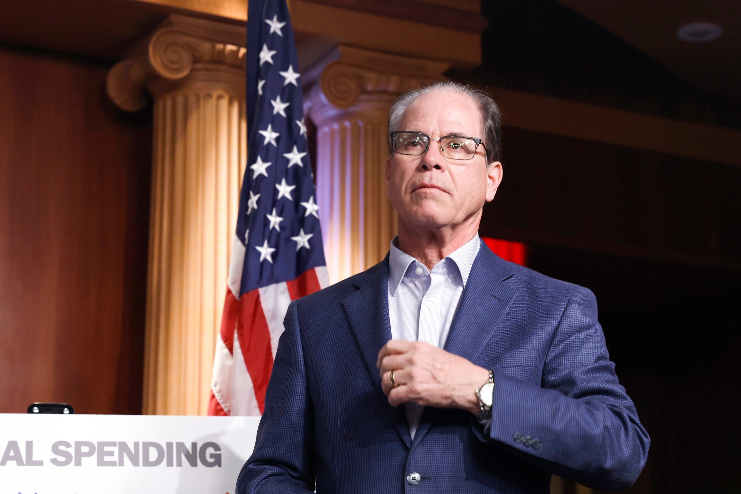 WASHINGTON, DC - JANUARY 25: Sen. Mike Braun (R-IN) listens during a news conference at the U.S. Capitol Building on January 25, 2023 in Washington, DC. Senate Republicans held the news conference to discuss the ongoing negotiations between the House, Senate and White House over the national debt ceiling. (Photo by Anna Moneymaker/Getty Images)