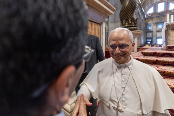 Pope Leo XIV greets participants after the Mass for the Jubilee of Digital Missionaries and Catholic Influencers on July 29, 2025, in St. Peter’s Basilica at the Vatican. Credit: Daniel Ibañez/CNA