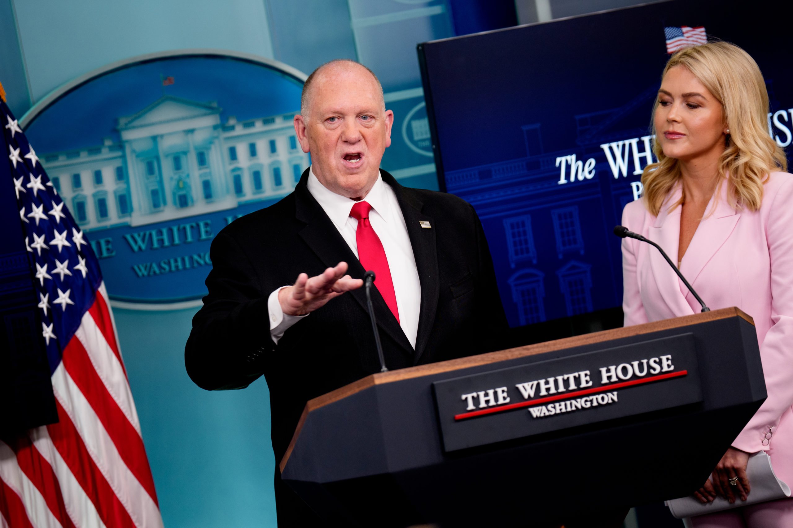WASHINGTON, DC - APRIL 28: White House border czar Tom Homan, accompanied by White House press secretary Karoline Leavitt, speaks during the daily press briefing in the Brady Press Briefing Room at the White House on April 28, 2025 in Washington, DC. (Photo by Andrew Harnik/Getty Images)