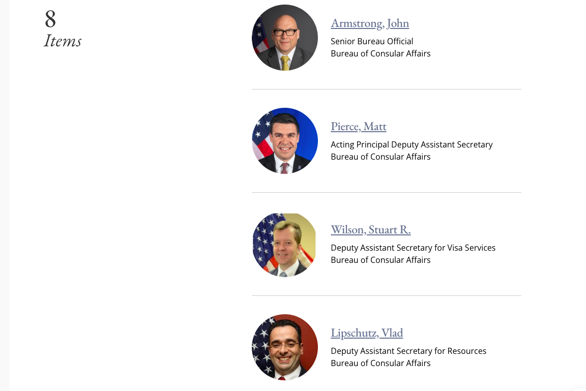 Screenshot of the Bureau of Consular Affairs leadership page. Four of the eight officials listed, those shown here, are members of the Ben Franklin Fellowship. (Screenshot by Derek VanBuskirk)
