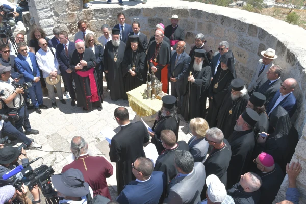 Heads of churches in Jerusalem visit the town of Taybeh in Ramallah on July 14, 2025. Credit: Sand Sahiliya