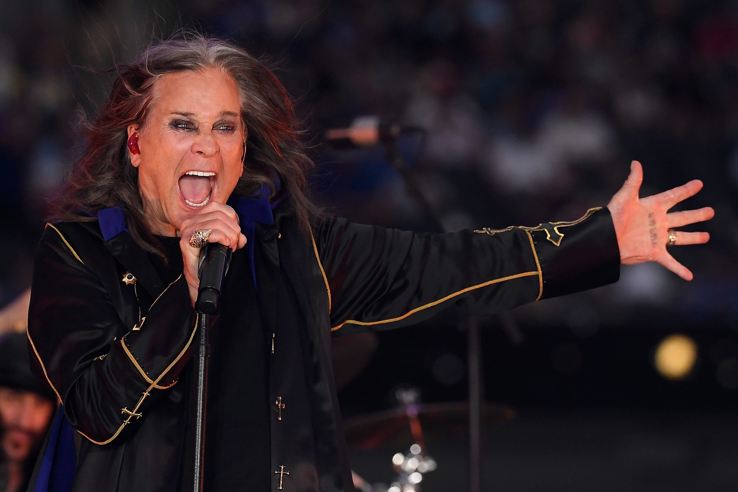 INGLEWOOD, CALIFORNIA - SEPTEMBER 08: Musician Ozzy Osbourne performs during half-time of the NFL game between the Los Angeles Rams and the Buffalo Bills at SoFi Stadium on September 08, 2022 in Inglewood, California. (Photo by Kevork Djansezian/Getty Images)