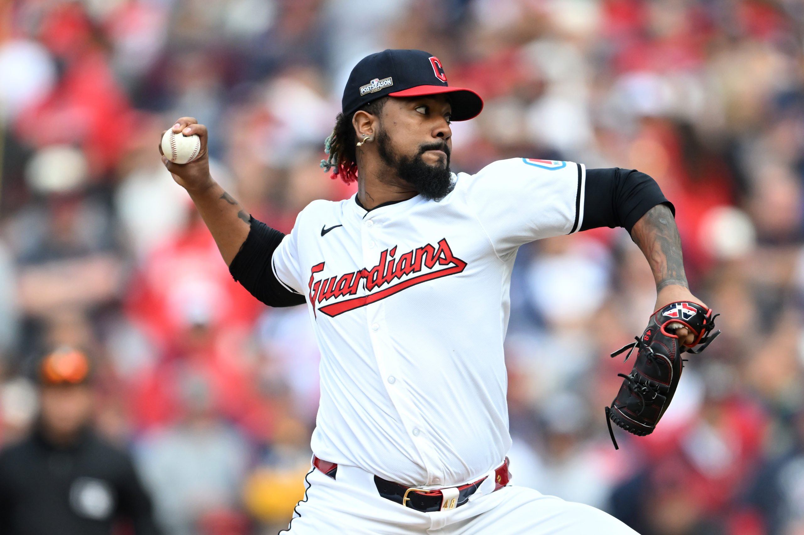CLEVELAND, OHIO - OCTOBER 12: Emmanuel Clase #48 of the Cleveland Guardians throws a pitch during the eighth inning against the Detroit Tigers during Game Five of the Division Series at Progressive Field on October 12, 2024 in Cleveland, Ohio. (Photo by Nick Cammett/Getty Images)