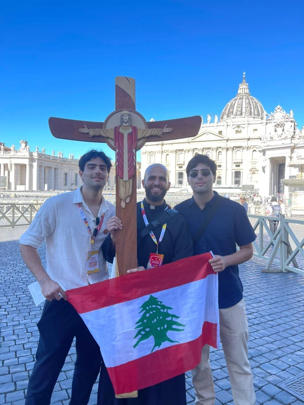 Father Simon Esaki with Giovanni and Charbel Lteif during the pilgrimage through the Holy Door at the Jubilee of Digital Missionaries in Rome July 28-29, 2025. Credit: Photo courtesy of Charbel Lteif
