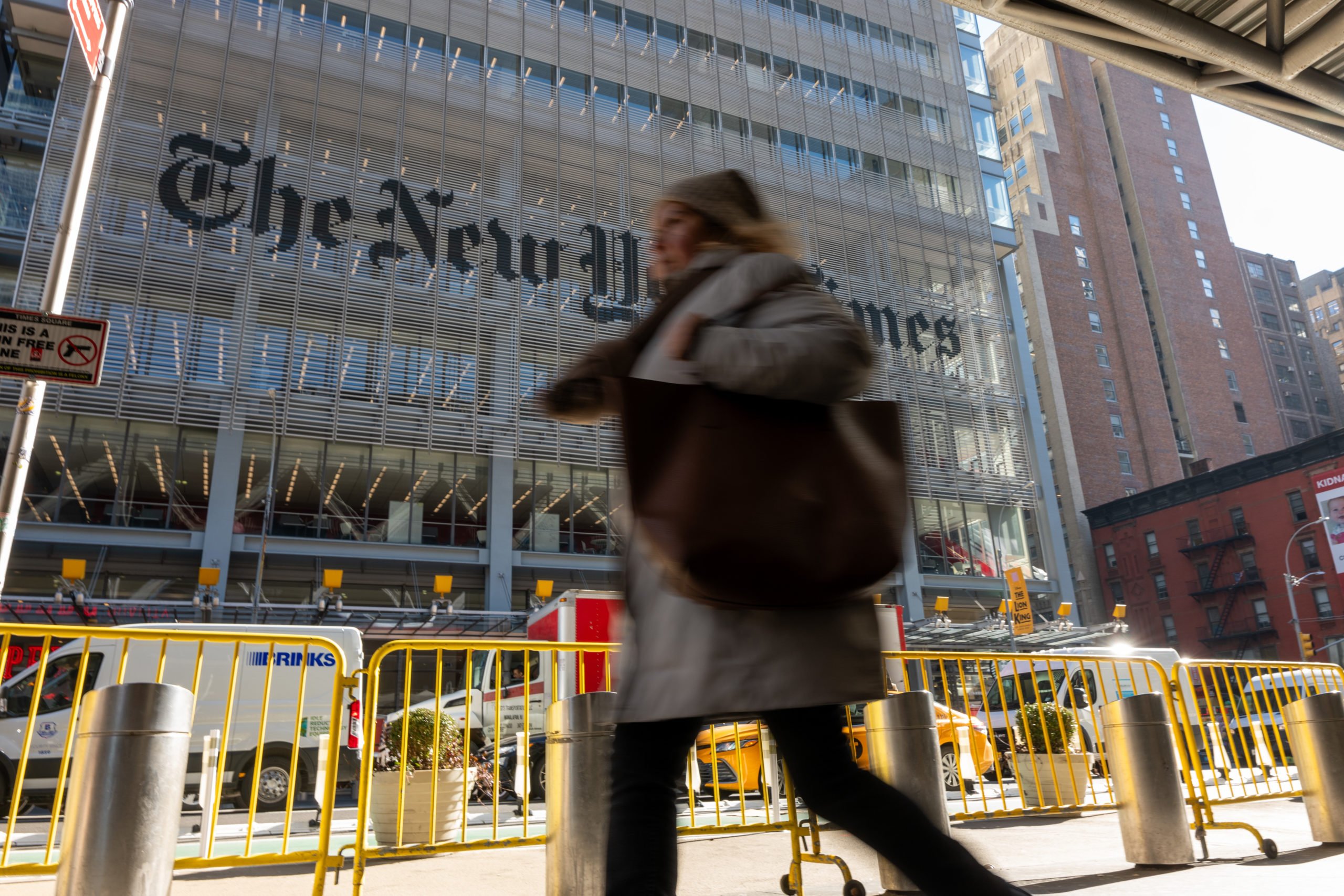 The New York Times building stands in Midtown on February 07, 2024 in New York City. New York Times Co.’s stock fell 4% early Wednesday, after the newspaper beat profit estimates for the fourth quarter but had its revenue fall slightly. (Photo by Spencer Platt/Getty Images)