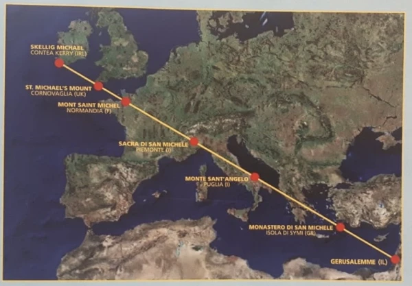 A map of St Michael’s sword across Europe reaching down to Jerusalem. Credit: Photo courtesy of Sacra di San Michele