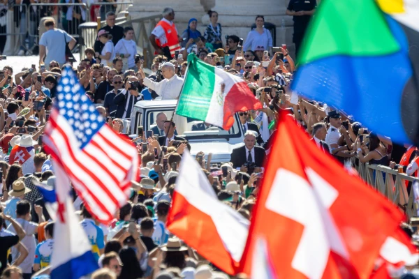 Pope Leo XIV waves to pilgrims from the popemobile during his general audience on July 30, 2025, in St. Peter’s Square at the Vatican. Credit: Daniel Ibañez/CNA