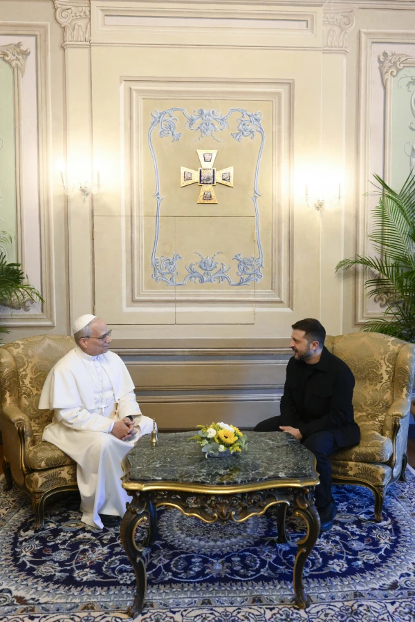 Pope Leo XIV reaffirmed the Holy See's willingness to receive representatives of Russia and Ukraine at the Vatican with a view to possible peace negotiations during a meeting with Ukraine President Volodymyr Zelenskyy on July 9, 2025, at Castel Gandolfo in Italy. Credit: Vatican Media