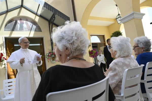 Pope Leo XIV speaks to residents of St. Martha Home for the Elderly in Castel Gandolfo, Italy, during a visit on July 21, 2025. Credit: Vatican Media