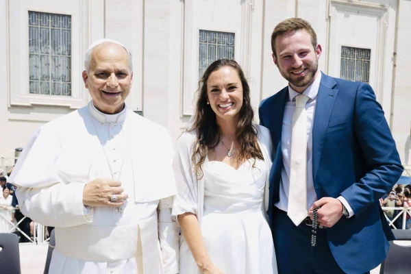 Newlyweds Anna and Cole Stevens meet Pope Leo XIV at the general audience in Rome on Wednesday, June 11, 2025. Credit: Courtesy of Anna and Cole Stevens