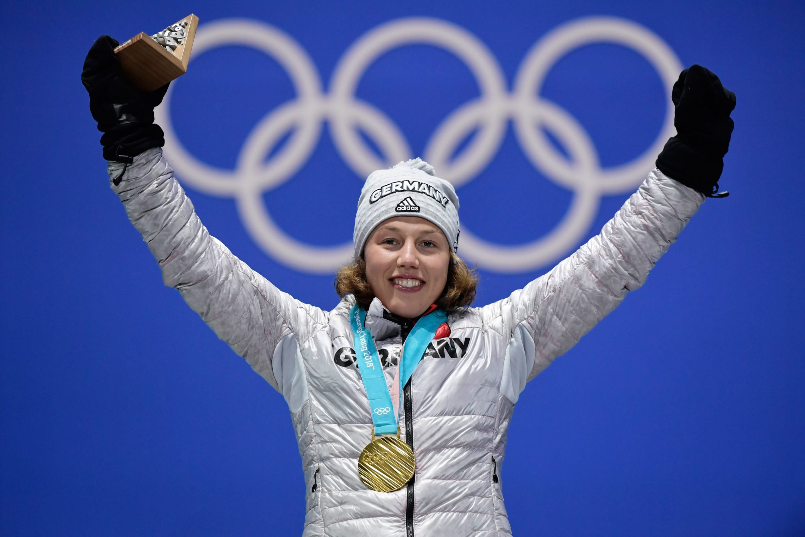 Germany's gold medallist Laura Dahlmeier poses on the podium during the medal ceremony for the biathlon Women's 7.5km Sprint at the Pyeongchang Medals Plaza during the Pyeongchang 2018 Winter Olympic Games in Pyeongchang on February 11, 2018. / AFP PHOTO / JAVIER SORIANO (Photo credit should read JAVIER SORIANO/AFP via Getty Images)