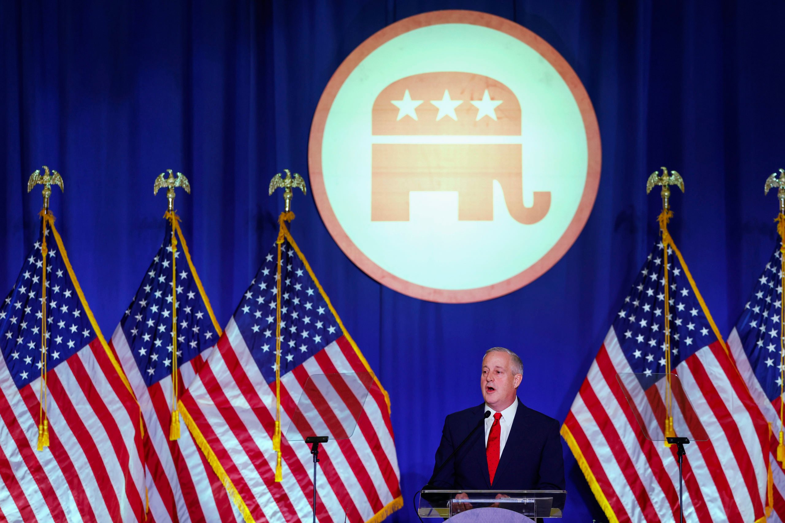 WASHINGTON, DC - JANUARY 17: Republican National Committee chairman Michael Whatley gives remarks after being re-elected as chairman at the annual RNC winter meeting at the Omni Shoreham Hotel on January 17, 2025 in Washington, DC. During the meeting, delegates from the Republican National Committee voted on officer roles. (Photo by Anna Moneymaker/Getty Images)